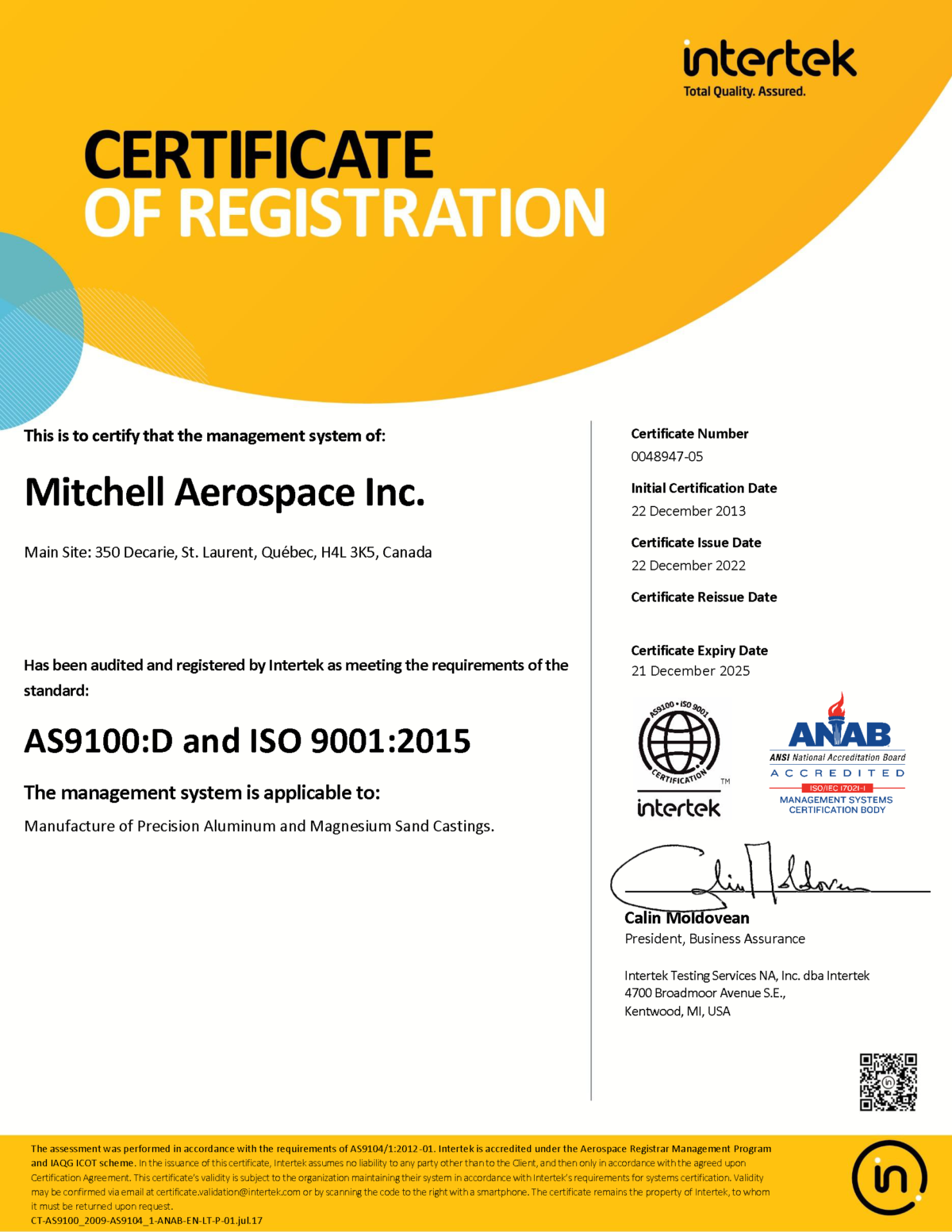 Certifications - Mitchell Aerospace